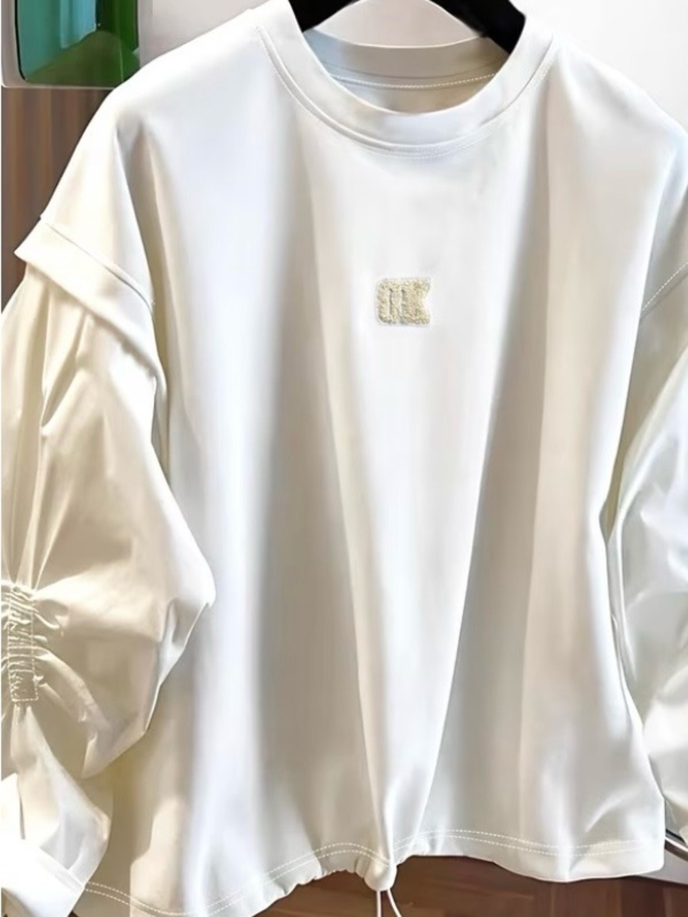 NWOT, Women's White Long Sleeve Crewneck Top with Scrunchie Sleeves